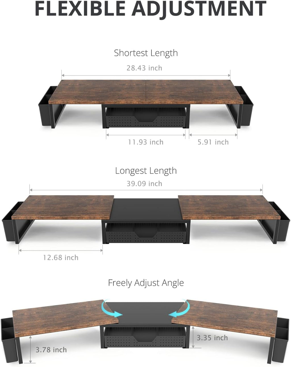 OPNICE Wood Desk Organizers and Accessories, Dual Monitor Stand Riser with Drawer and 2 Pen Holders, Desk Shelf Computer Racks for Office Workspace Organizers, Desktop Organization (Rustic Brown)