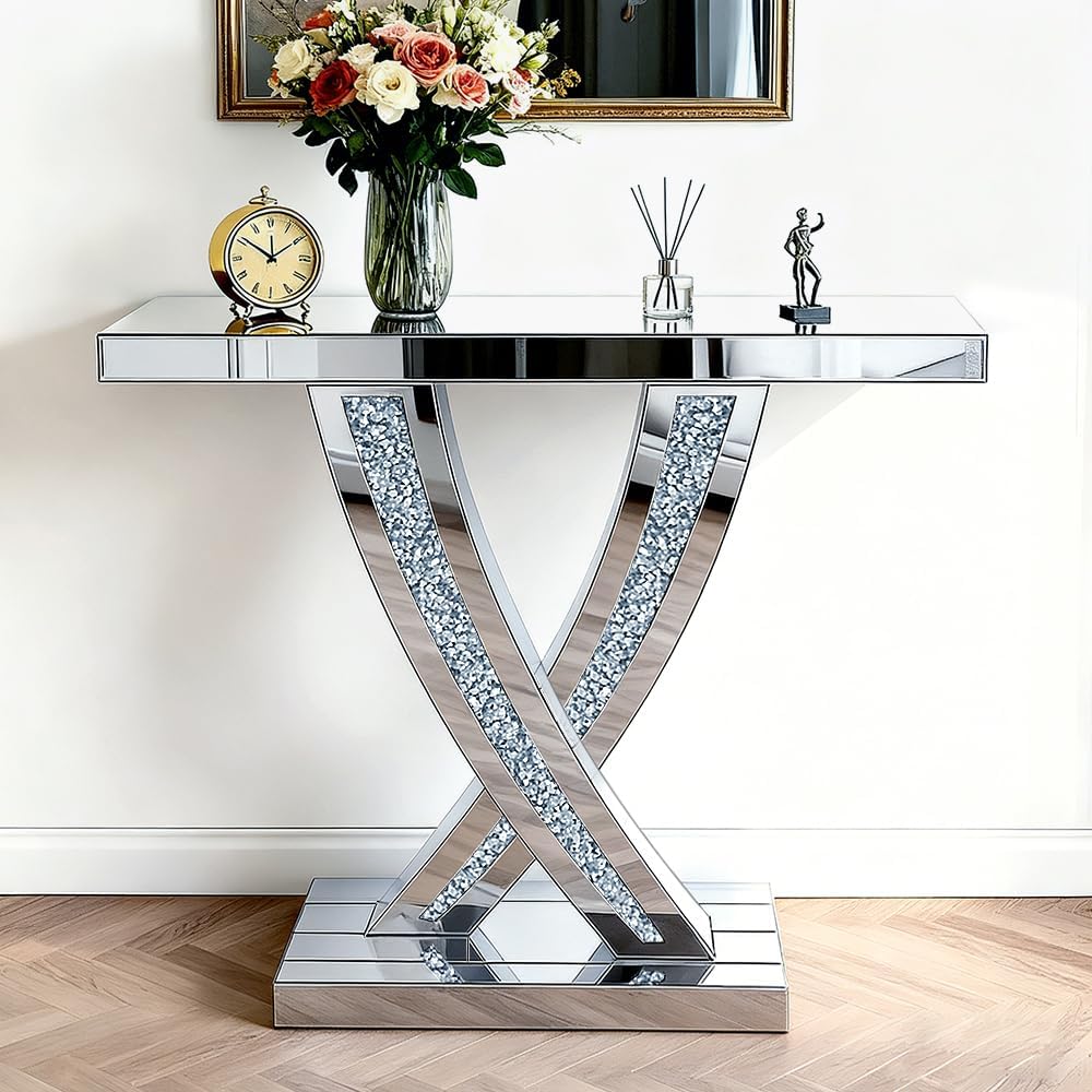 Silver Mirrored Console Table with Crushed Diamond Inlay, 39.4'' Long...