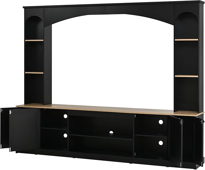 Ball & Cast 91" Arched Entertainment Center Wall Unit with Bookshelf, Farmhouse Large TV Stand with Wood Grain for TVs Up to 70", Media TV Console with Adjustable Shelves for Living Room,Black