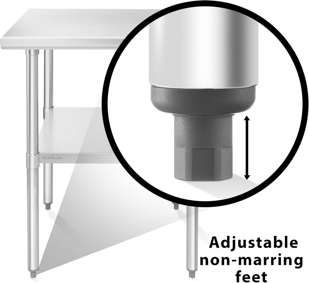 KUTLER Stainless Steel Table 24 x 24 Inches, NSF Heavy Duty Commercial Kitchen Prep and Work Table with Undershelf for Restaurant, Hotel, Home