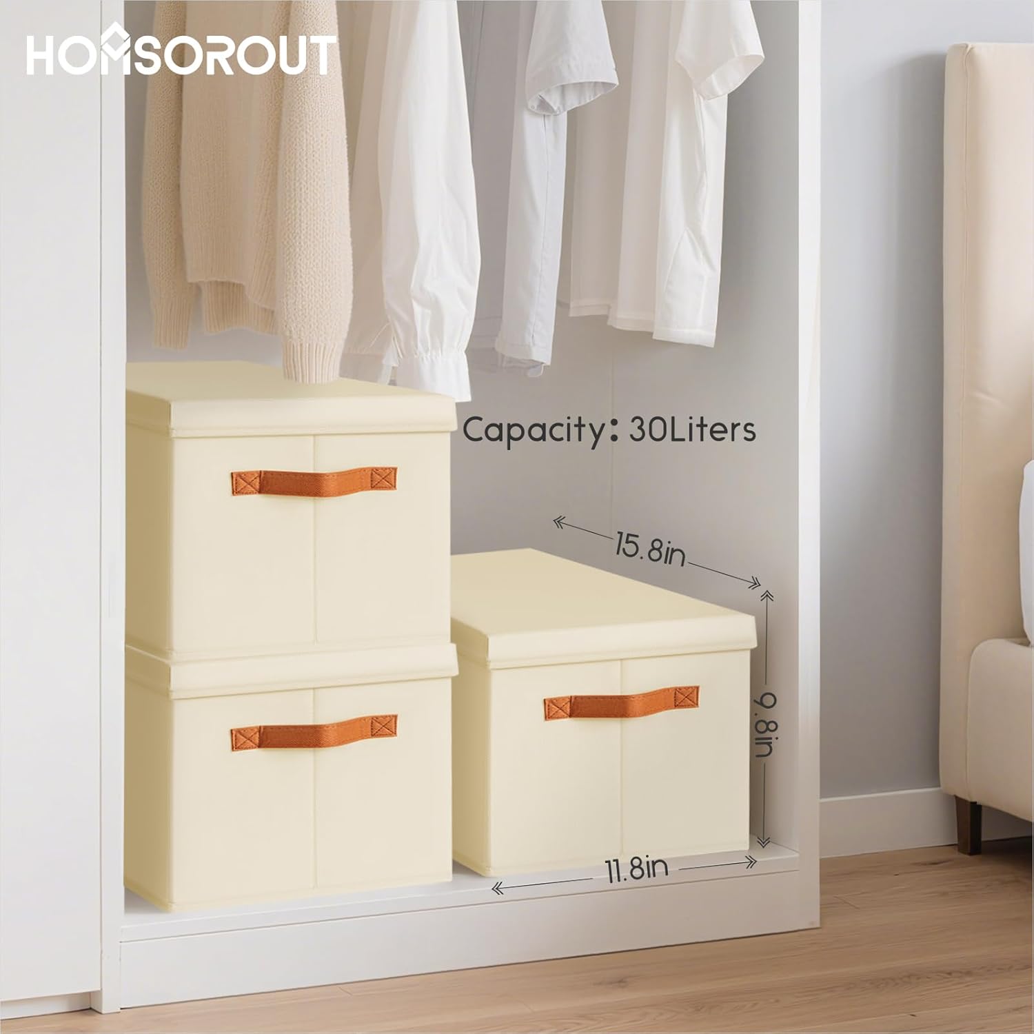 Storage Bins with Lids - Large Fabric Closet Bins with Lid, 6 Pack Clothes Organizers and Storage, Collapsible Stackable Cube Basket for Home, Office, Dorm, Beige