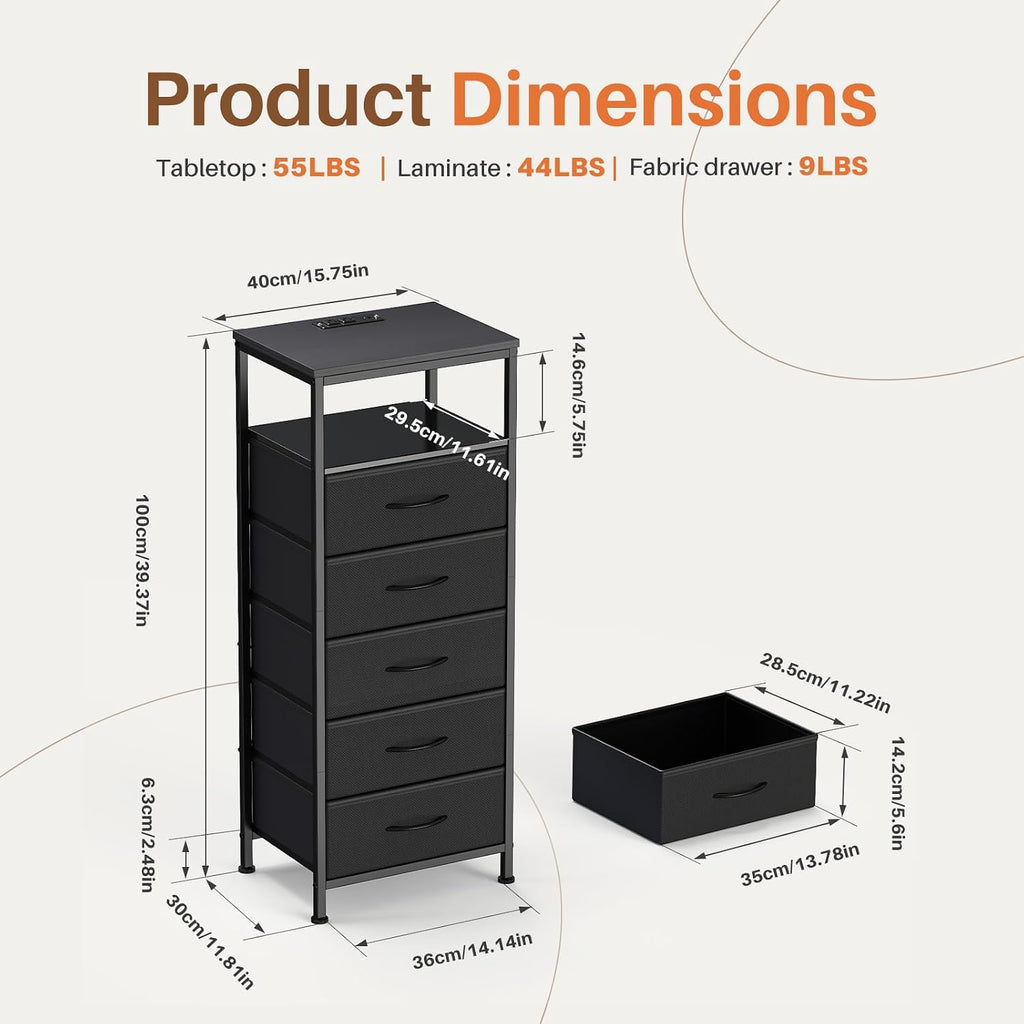 Sweetcrispy Nightstand with Charging Station 5 Fabric Drawers Bedside Table | Night Stand with USB Type-C Ports, AC Outlets & Dimmable LED Light Strip, Modern Black Bedroom End Table