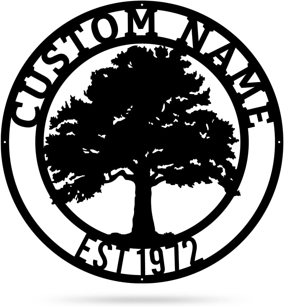 RealSteel Family Name Sign, Custom Metal Signs for Outside, Oak Tree