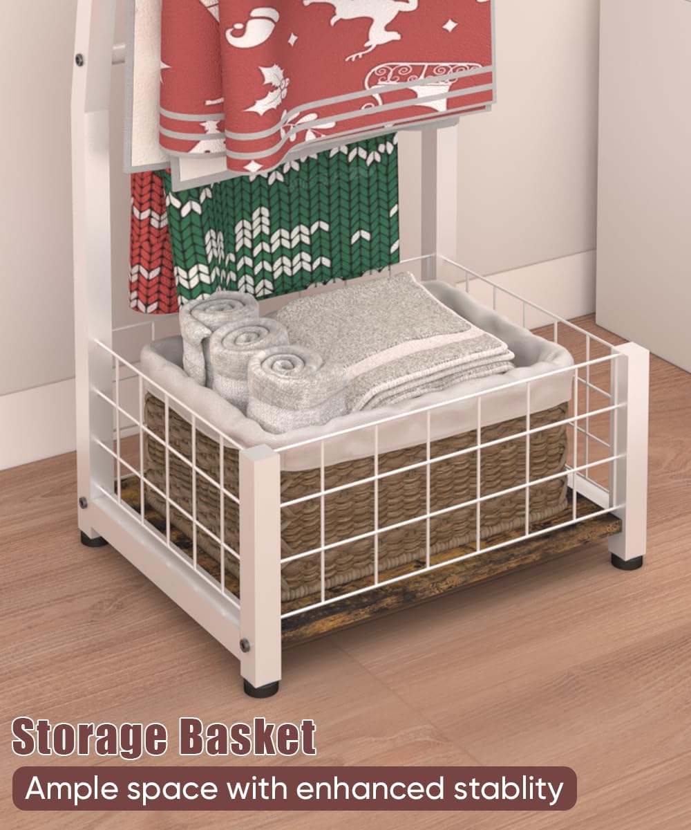 6.3ft Blanket Ladder with Storage Basket, 5 Tier Decorative Ladder Shelf Stand for Living Room & Bedroom, Wall-Leaning Blanket Holder Quilt Rack for Home Décor, Rustic Brown & White