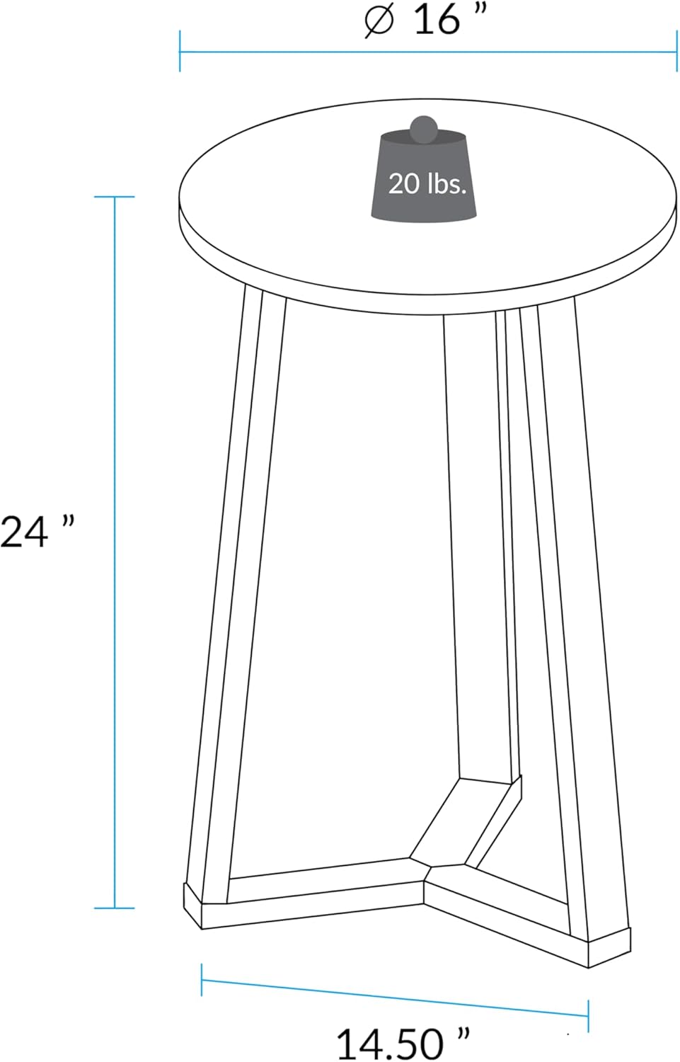 Tripod 16" W Round Side Modern Table with Solid American Hardwood Legs, ...