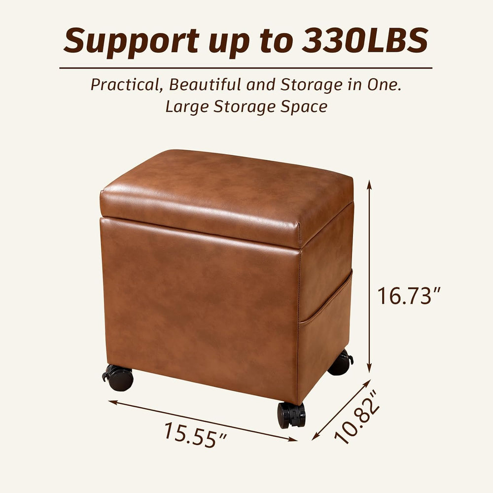 16" Faux Leather Storage Ottoman Foot Rest Stool with Wooden Tray, Foots...