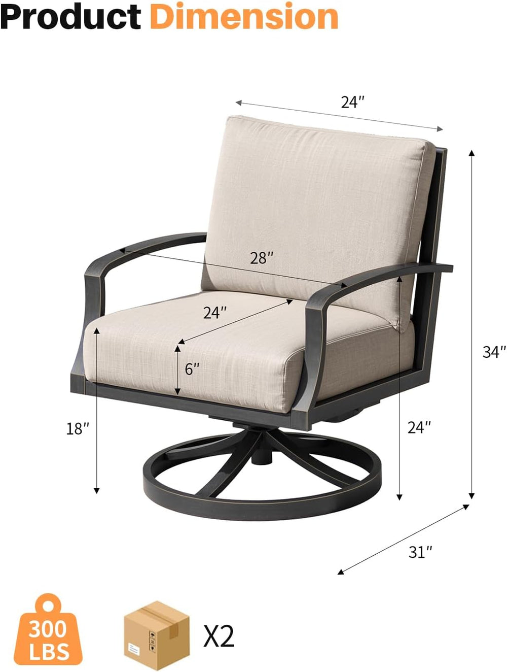 Patio Swivel Armchairs Set of 2, Never-Rust Aluminum Swivel Sofa Chairs with ...