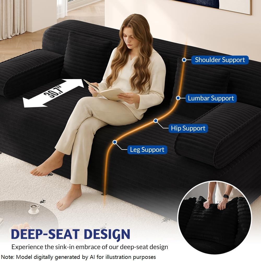78.7'' Couches Queen, Corduroy Futon Sofa Bed, Modern Floor Couch, Cl...