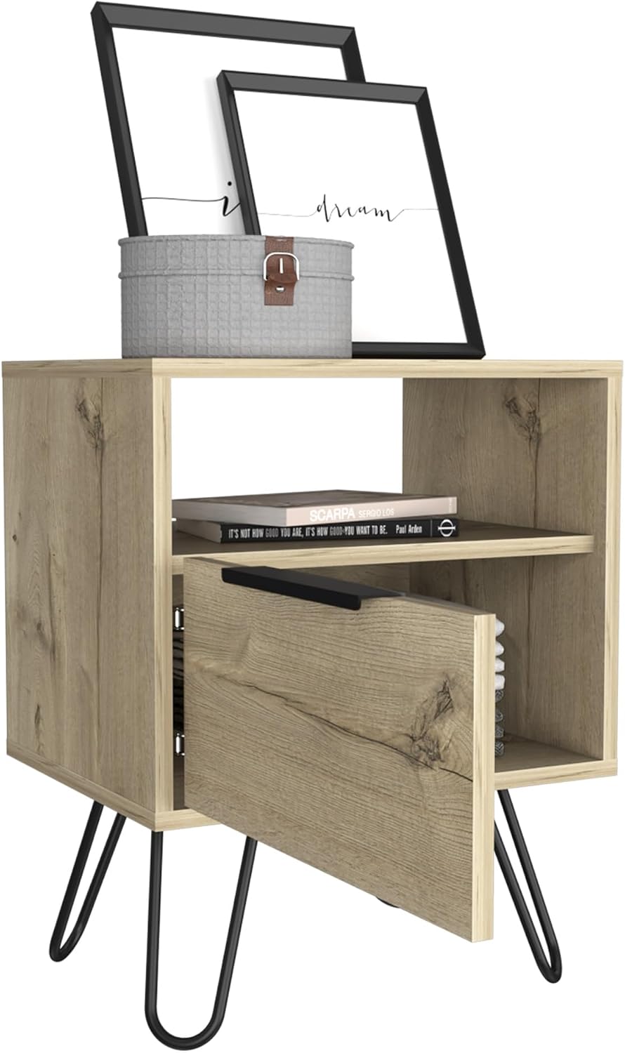 Nightstand 22" H, One Open Shelf, Single Door Cabient, Hairpin Legs, Lig...