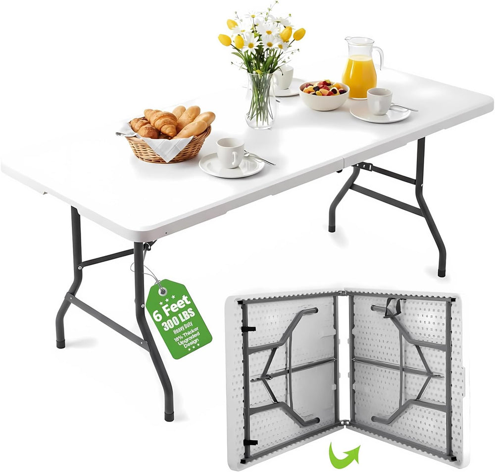 6ft Table Large Folding Table White Folding Table with Portable Carrying Hand...