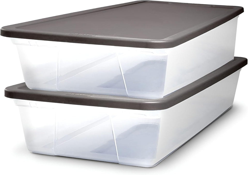 HOMZ 2-Pack Snaplock, Small Clear Plastic Storage Organizer Bins w/ Lids, 28 Quart, Gray - Stackable Container Boxes for Bedroom, Bathroom, Garage, and Office Organization