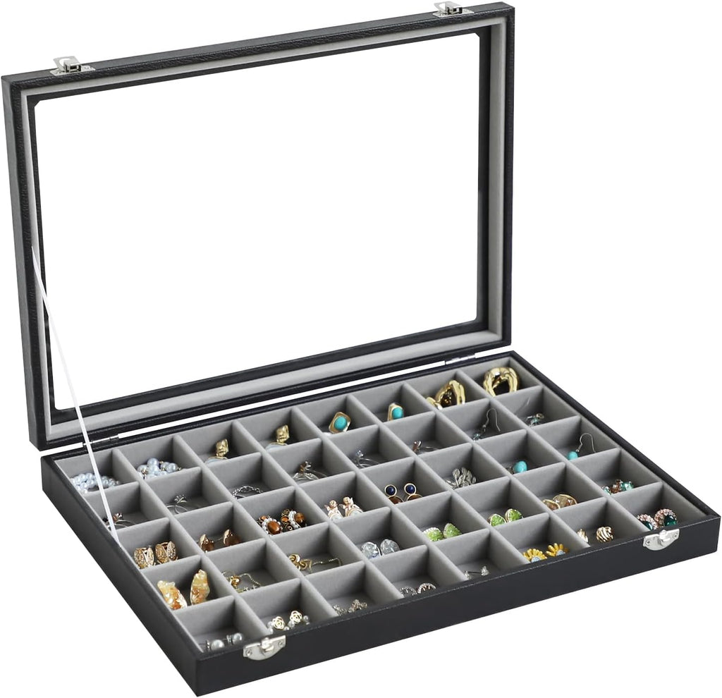 Stratalife Jewelry Organizer 40 Grid Gray Black Jewelry Tray with Clear Dust-proof Lid Velvet Earring Organizer Necklace Rings Holder Display Drawer Storage Case for Women