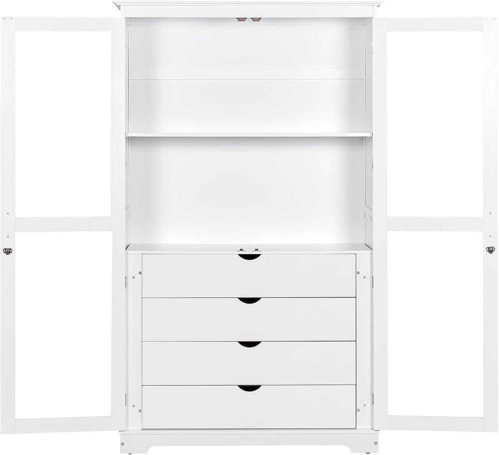 Freestanding Kitchen Pantry with Glass Doors and 4 Built-in Drawers, Large Ki...