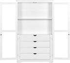Freestanding Kitchen Pantry with Glass Doors and 4 Built-in Drawers, Large Kitchen Storage Cabinet Display Cabinet Cupboard for Dining Room, Living Room (White)