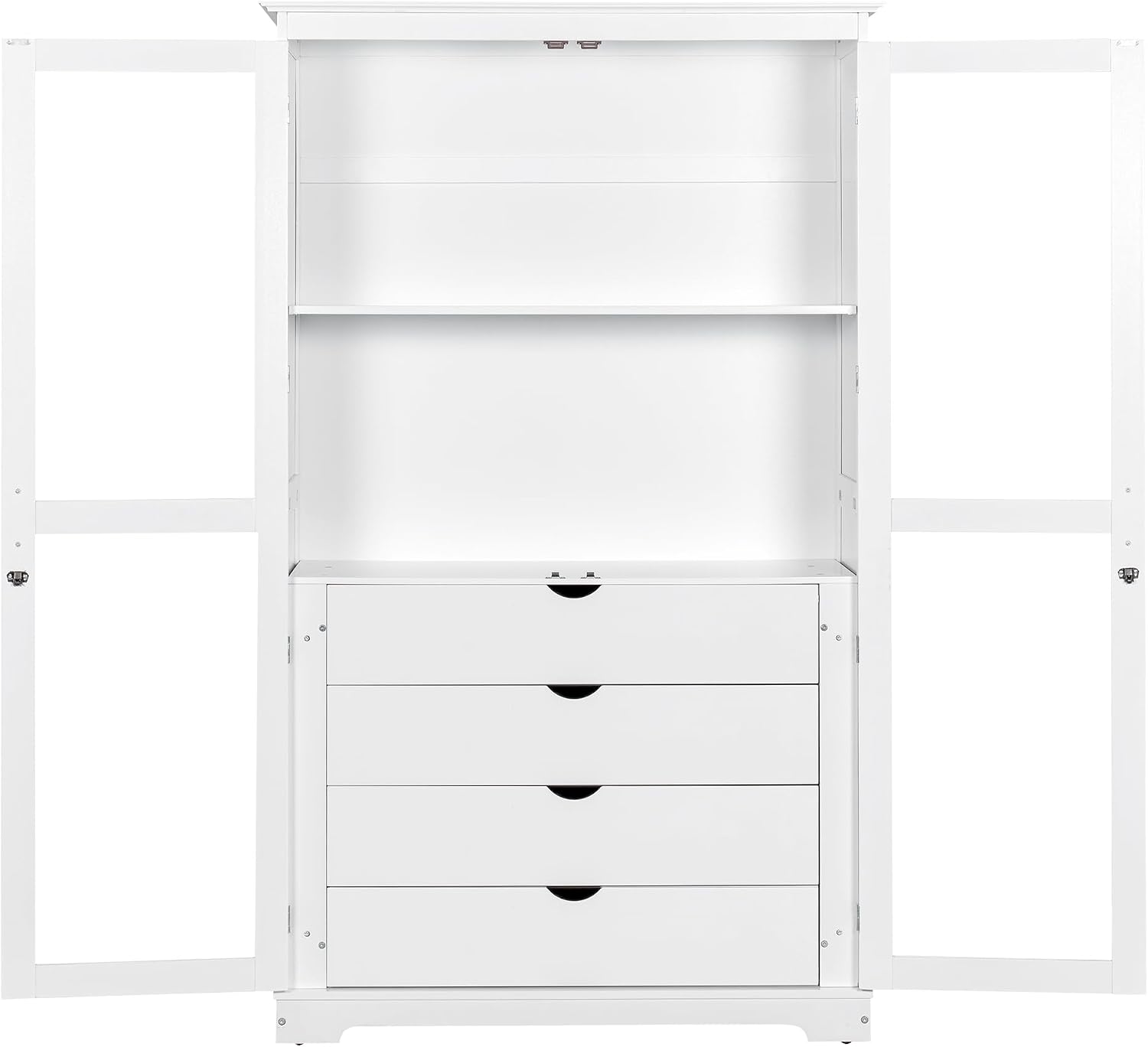 Freestanding Kitchen Pantry with Glass Doors and 4 Built-in Drawers, Large Kitchen Storage Cabinet Display Cabinet Cupboard for Dining Room, Living Room (White)