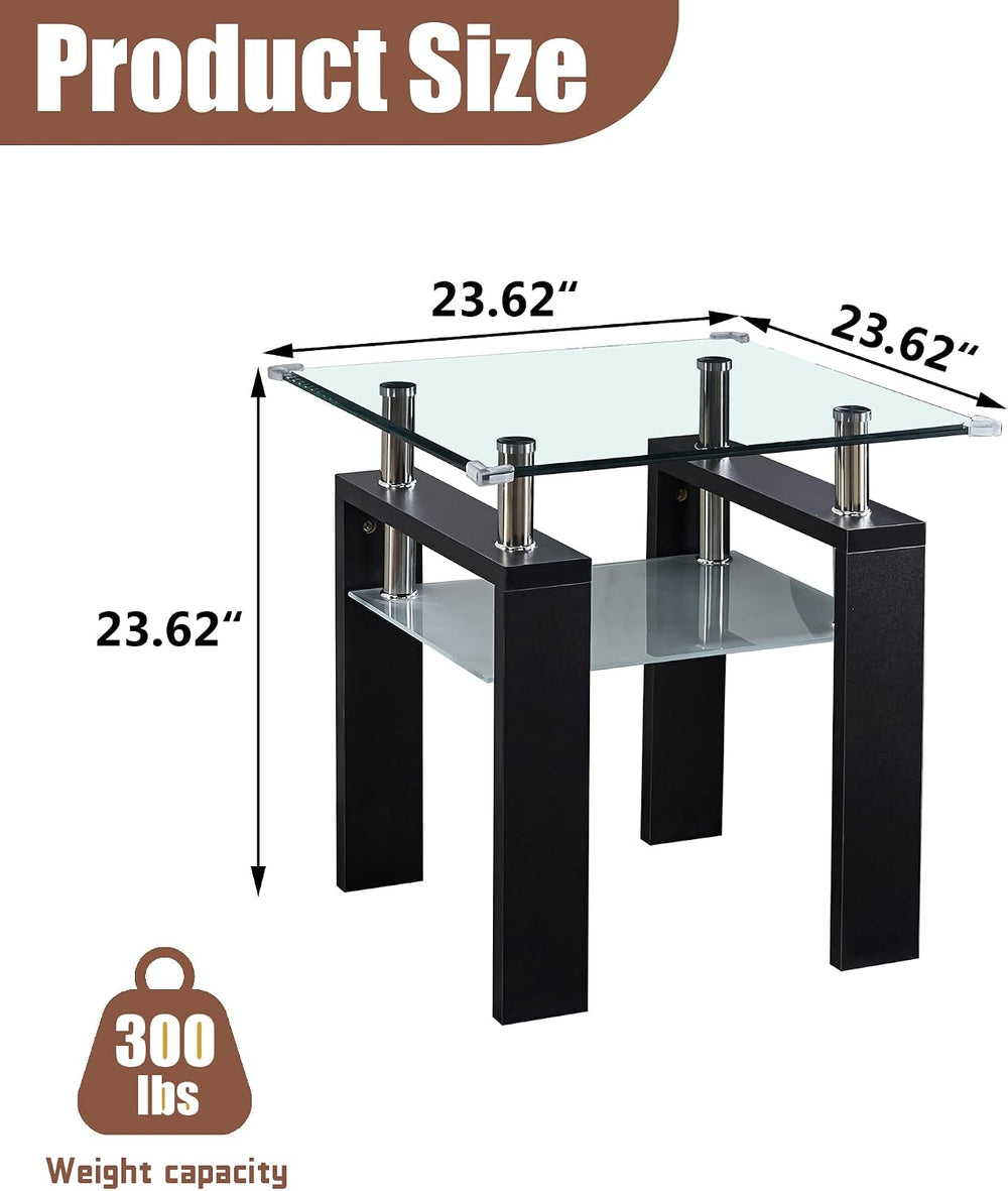 2-Tier End Table with Tempered Glass Top and MDF Frame, Modern Black Square S...