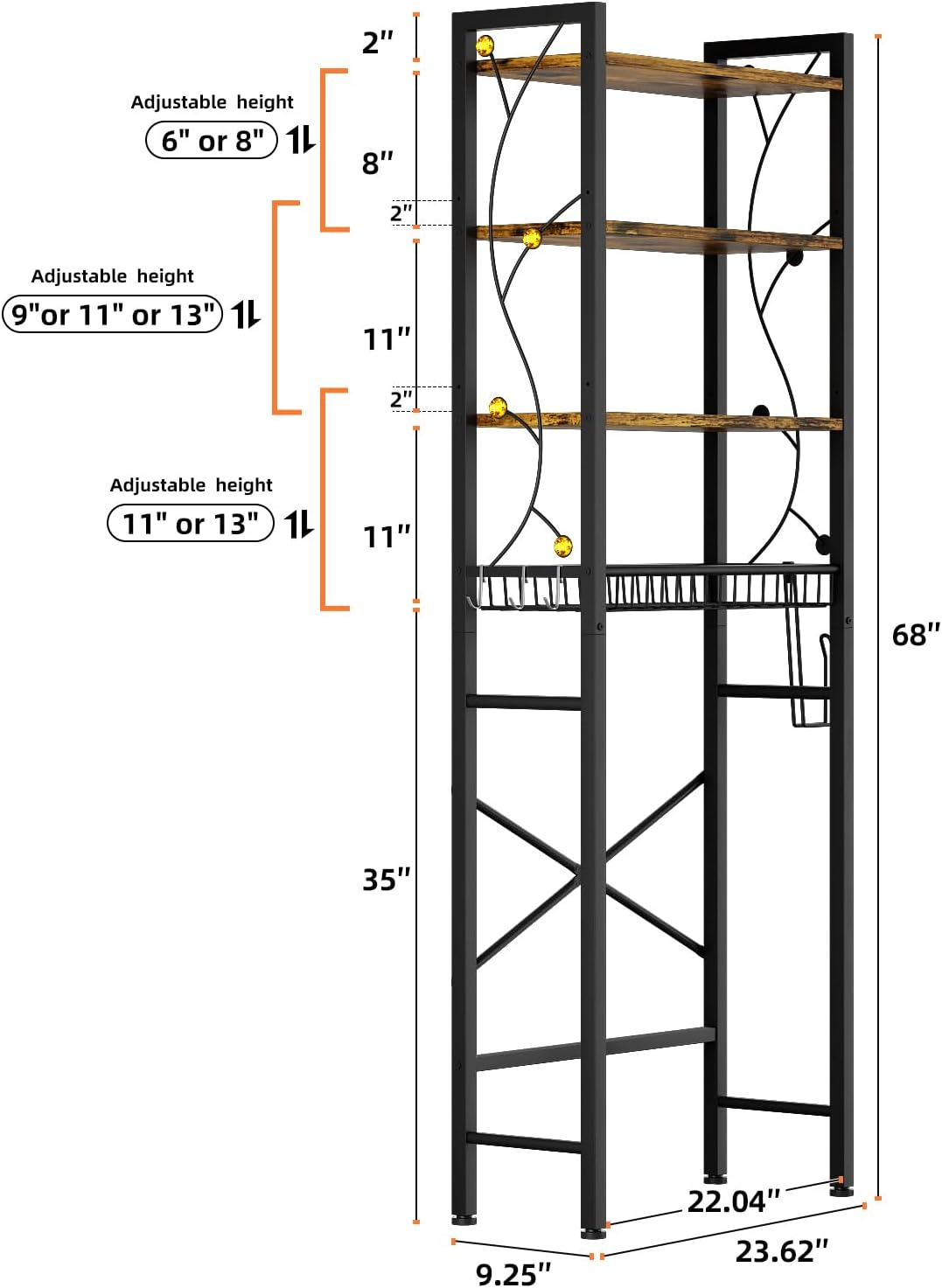Over-The-Toilet Storage Rack, 4-Tier Bathroom Organizer Shelf Over Toilet with Adjustable Shelf and Basket, Freestanding Space Saver Bathroom Shelves Above Toilet for Room (Rustic Brown)