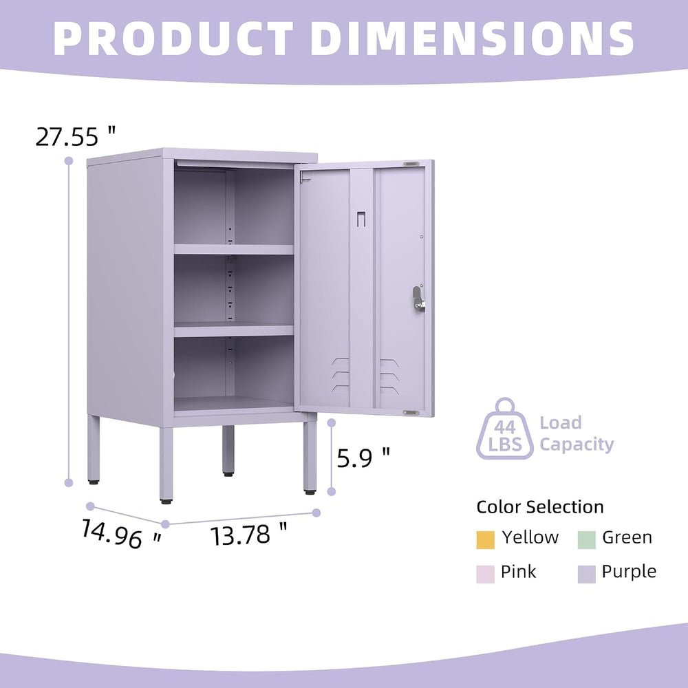 Lockable Metal End Table with 2 Adjustable Shelves, Modern Single Door Side T...