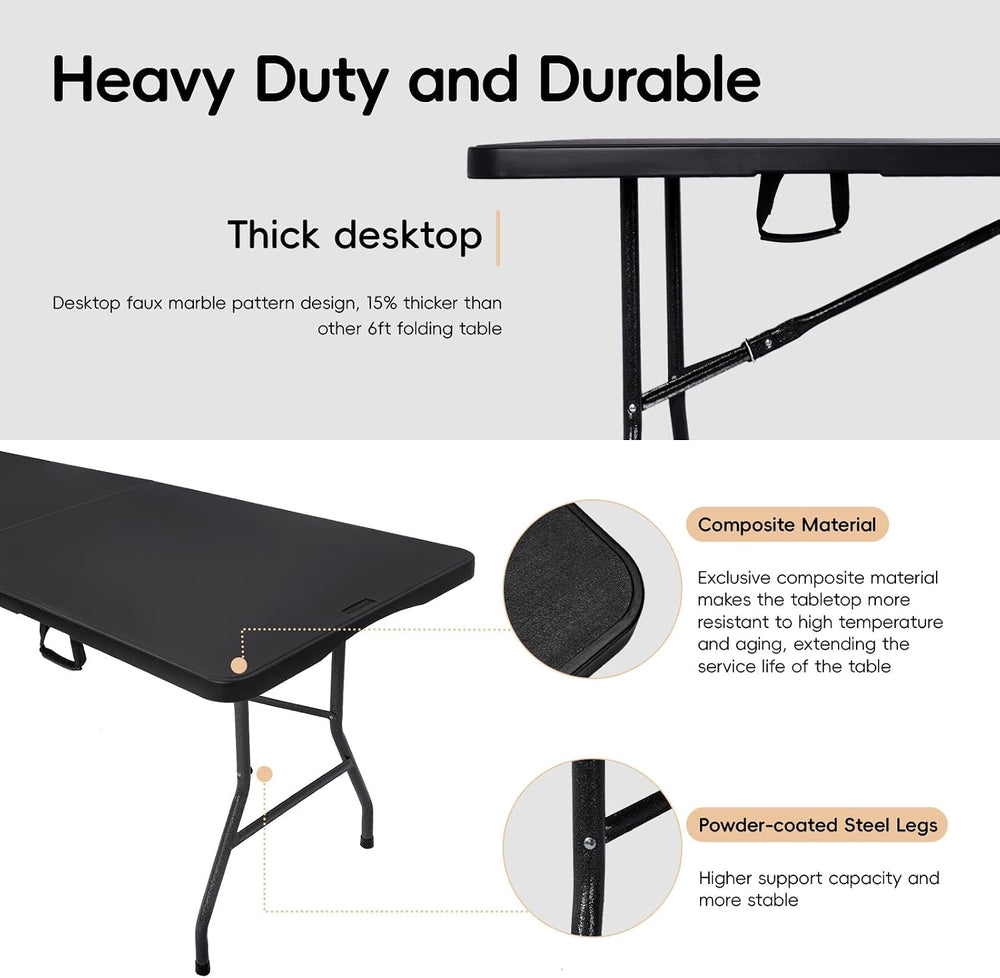 pollilar Folding Table 6FT Heavy Duty Portable Plastic Foldable Table Black |...