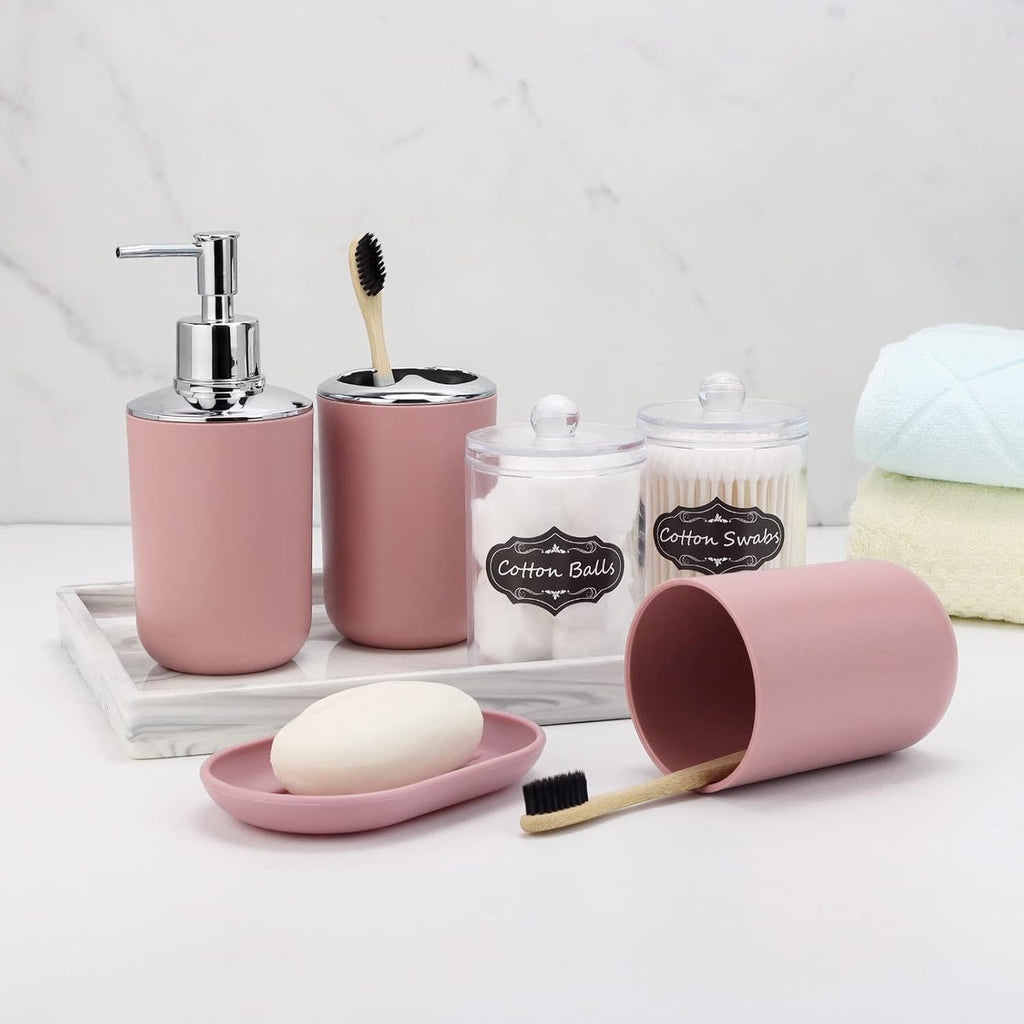 7 Piece Pink Bathroom Set,Soap Dispenser,Toilet Brush,Trash Can & Décor Tray,Complete Accessories for Bathroom Organization & Housewarming Gifts