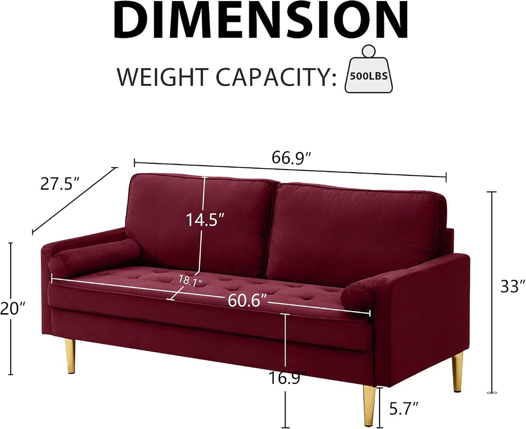 Velvet Loveseat Sofa,Mid Century Modern Small Love Seats Furniture Comfy Couch for Living Room, Upholstered 2 Seater Sofa for Small Apartment (Burgudy, 66.9 Inch)