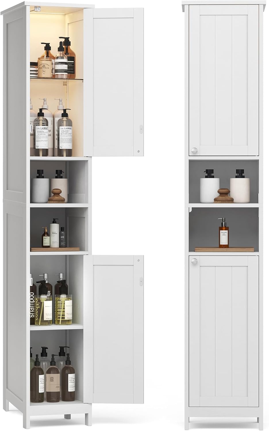 VASAGLE Tall Storage Cabinet with Lights, Slim Freestanding Cabinet with Adju...