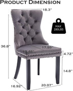 Velvet Upholstered Dining Chairs Set of 2, Modern Style Kitchen Side Chairs with Nailhead Trim and Wood Legs,Metal Pulling Ring for Dining Room Living Room(Grey,Set of 2)