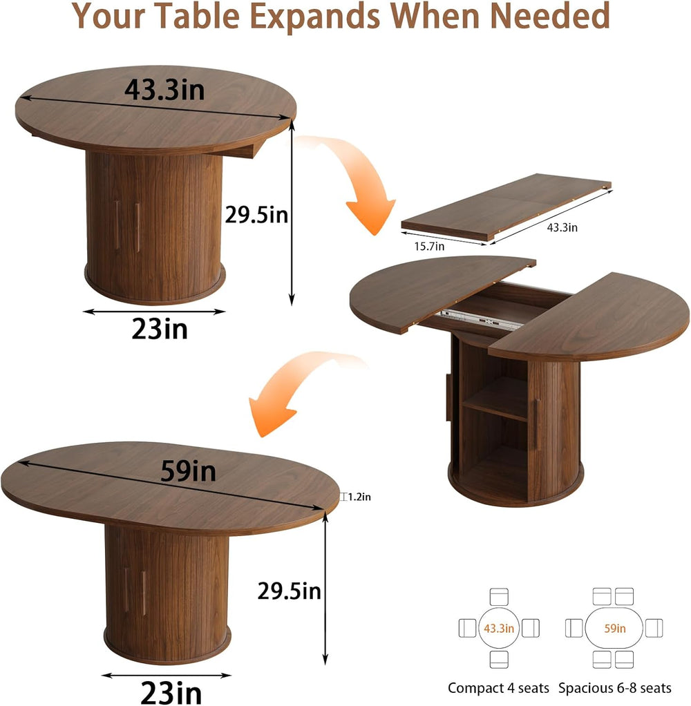 Expandable Dining Table,Round Wooden Kitchen Table,Double Layered Storage Spa...