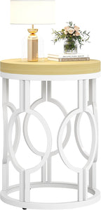 Tribesigns Round End Table, Farmhouse Side Table with White Metal Hollow Frame, Small Bedside Table Nightstand for Living Room, Bedroom, Easy Assembly (Natural Beige,1PC)