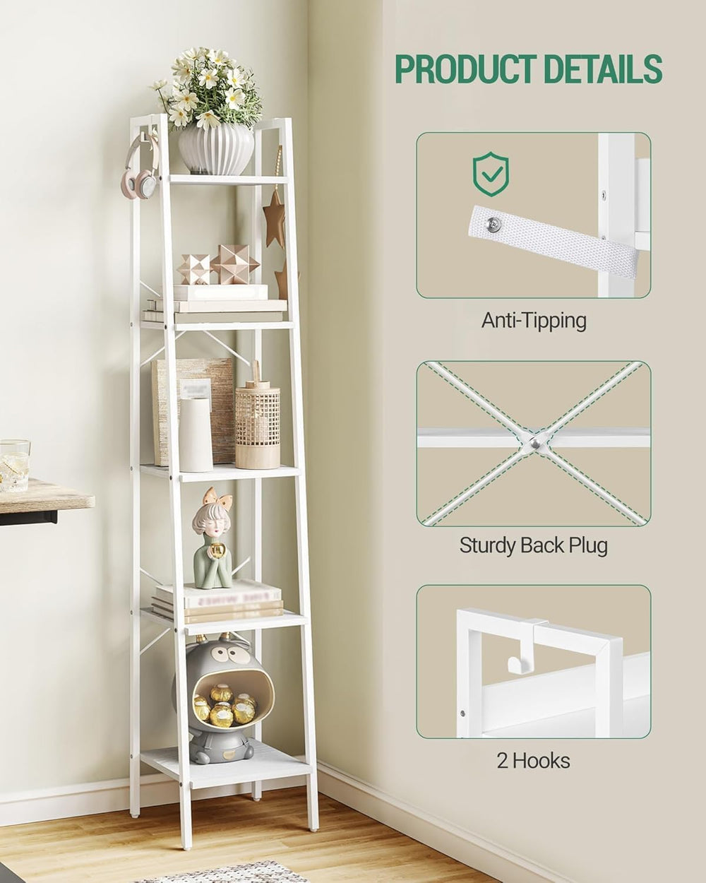 Hzuaneri Ladder Shelf, Bookshelf, Freestanding Corner Storage Shelf