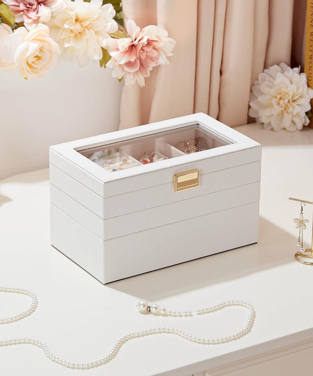 Homde Jewelry Tray Stackable Jewelry Box with Glass Lid, Removable Dividers for Vanity Table - Christmas Gift Idea for Girls and Women (White)
