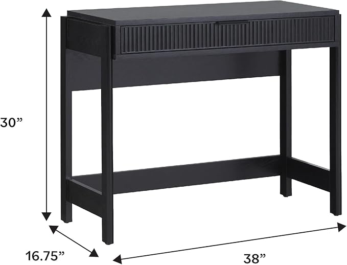Walker Edison Transitional Office Design, Reeded Drawer Front Detail, Writing Desk with Drawer, Spacious Desktop, Complementary in Living Spaces, 38”W x 16.75”D x 30”H, Black