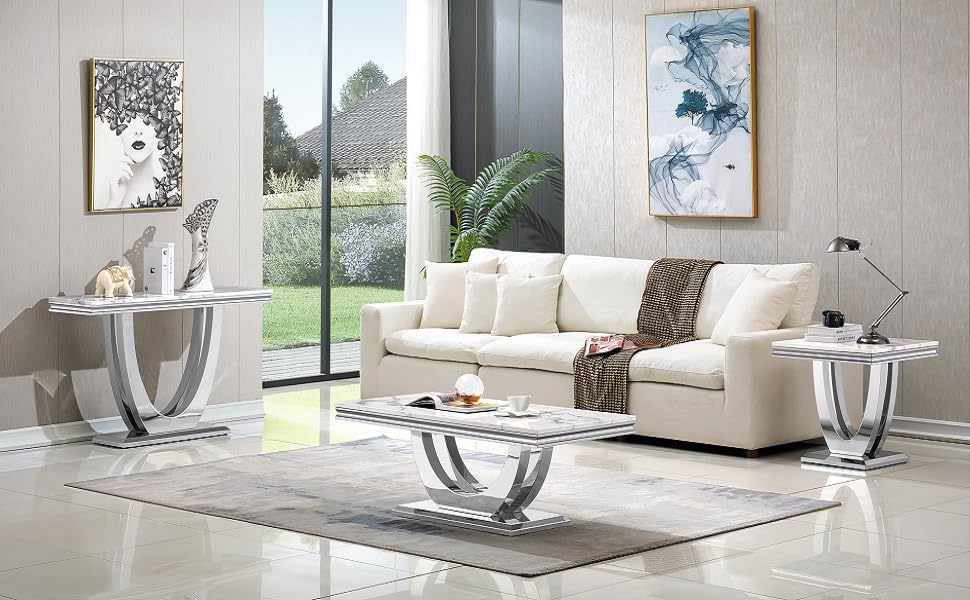 Modern Elegant 2-Piece Living Room Table Set with Faux Marble Top | Includes ...