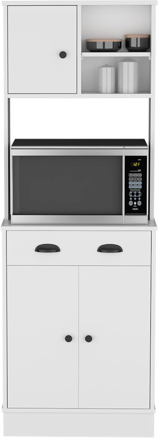White 3-Door Kitchen Cabinet with Drawer & Microwave Space - Small Kitche...