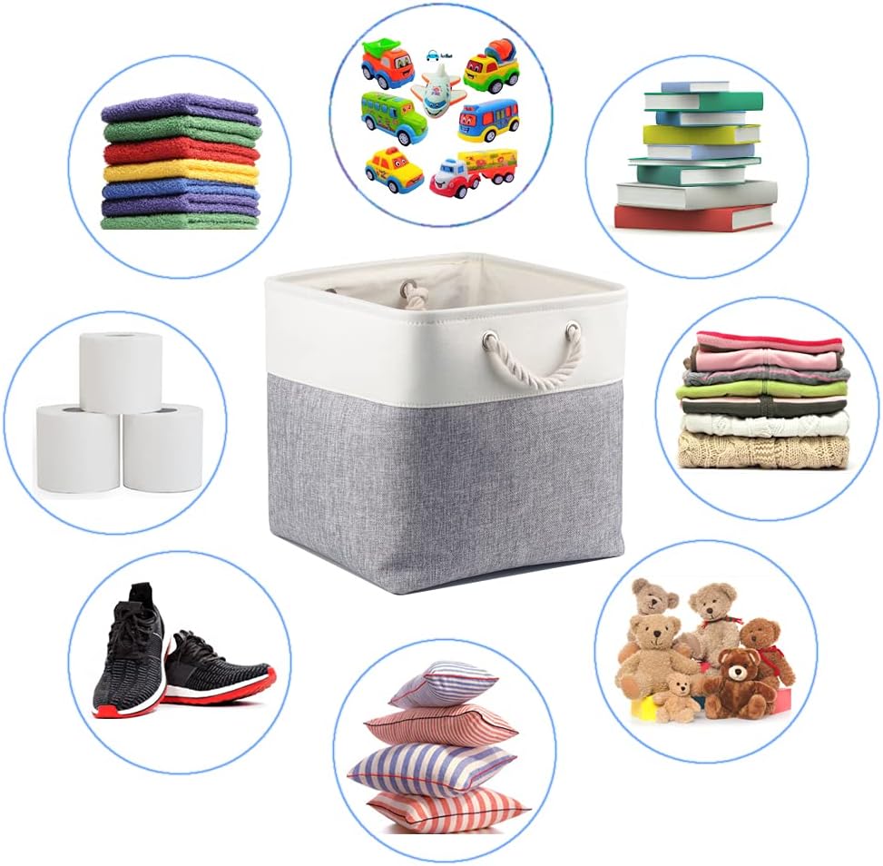 Mangata Fabric Storage Basket, Canvas Cube Storage Boxes 11.8 x 11.8 inch for Cupboards, Shelves, Closet, Grey Whiteï¼ˆ30x30x30cm, 4 Packï¼‰