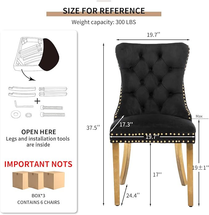 Mid Century Modern Dining Chairs Set of 6, Black Velvet Upholstered Tufted Back, Kitchen & Dining Room Chairs, Gold Metal Legs, Nailhead Trim, Sillas para Comedor (Black, 6 Pcs)