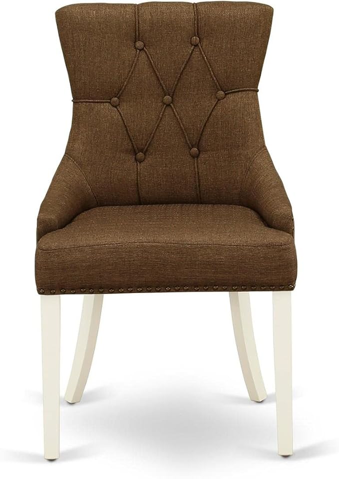 East West Furniture FRP2T18 Friona Parsons Dining Chairs - Button Tufted Nailhead Trim Brown Linen Linen Fabric Upholstered Chairs, Set of 2, Linen White