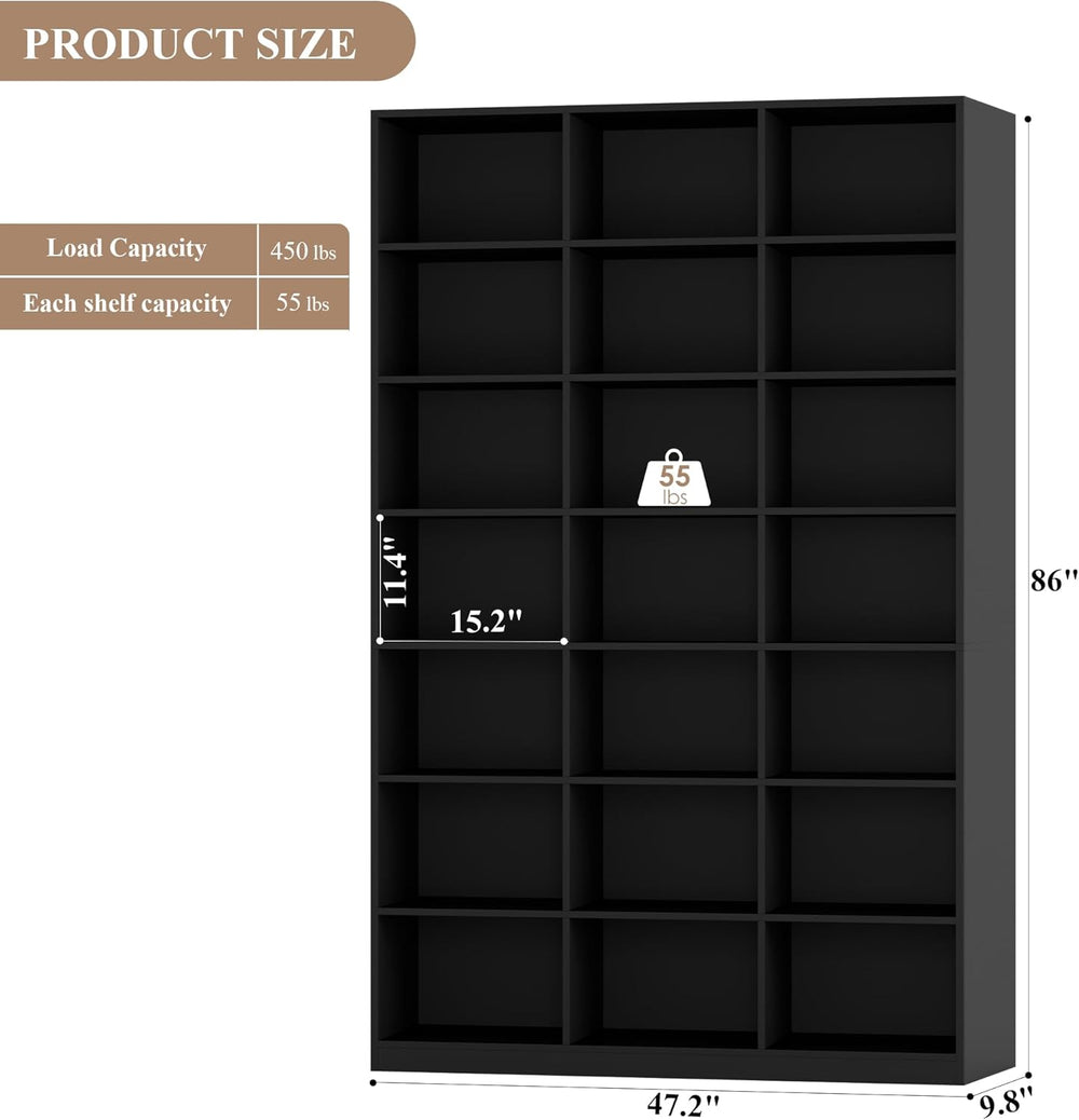 HOSTACK 86" H Triple Wide Bookshelf and Bookcase, Large Book Shelves, Black