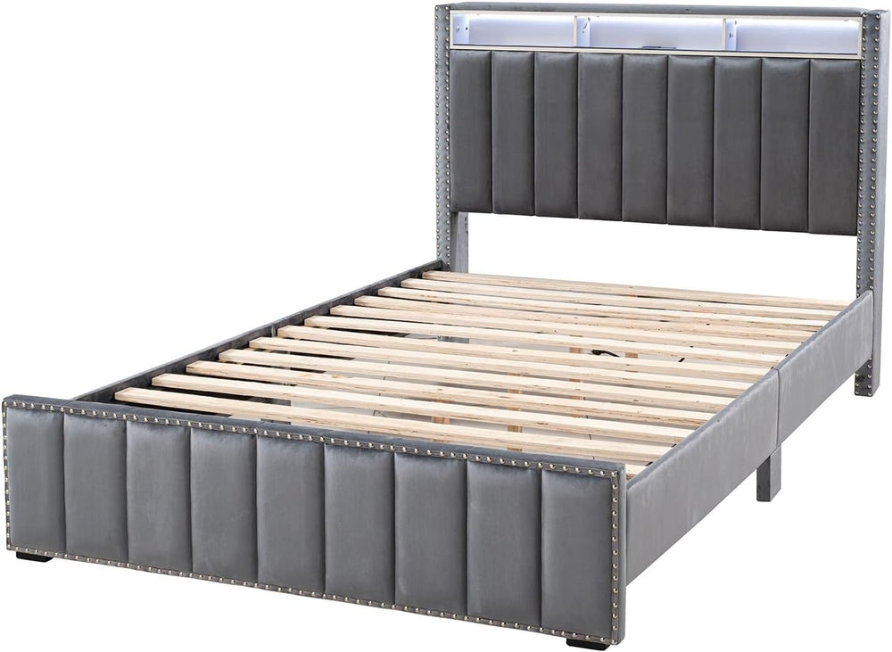 GOWE Bed Beautiful Dark Color 1pc Full Storage Shelve LED Channel Tufting | P...