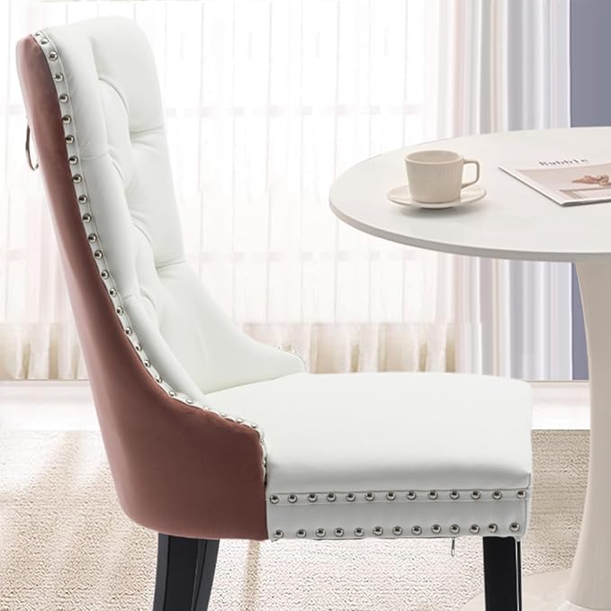 3-Pieces 31.5" Round Dining Table Set for 2, White Dining Table & PU & Velvet Upholstered Dining Chairs Set of 2 for Kitchen Dining Room Apartment Small Space(Pink & White Chairs)