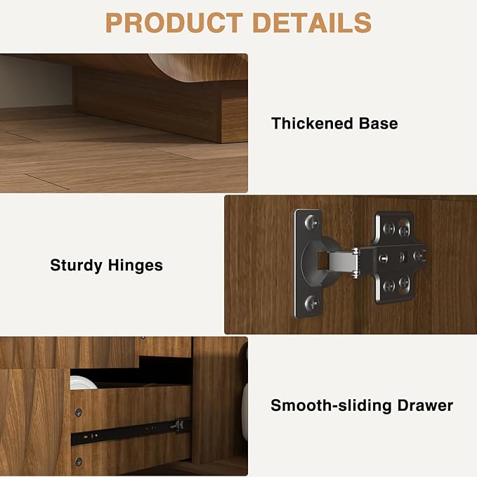 58'' Modern Spiral Wave TV Stand for 65 Inch TV, Media Console with Storage Cabinet & 2 Drawers, Rounded Corner Entertainment Center for Living Room Bedroom (Walnut)