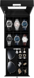 Uten 6-Slot Watch Box, 2-Layers PU Leather Watch Case with Glass Lid, Watch Holder Organizer with Soft Pillow and Velvet Lining, Watch and Jewelry Storage Box, Black