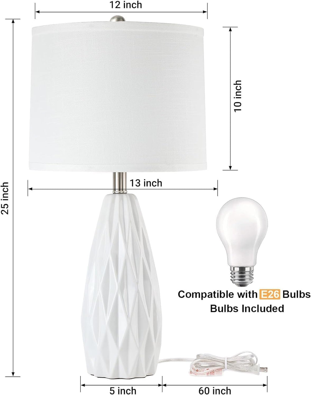25'' Table Lamp White Table Lamps Modern Ceramic Lamps for Night Stan...