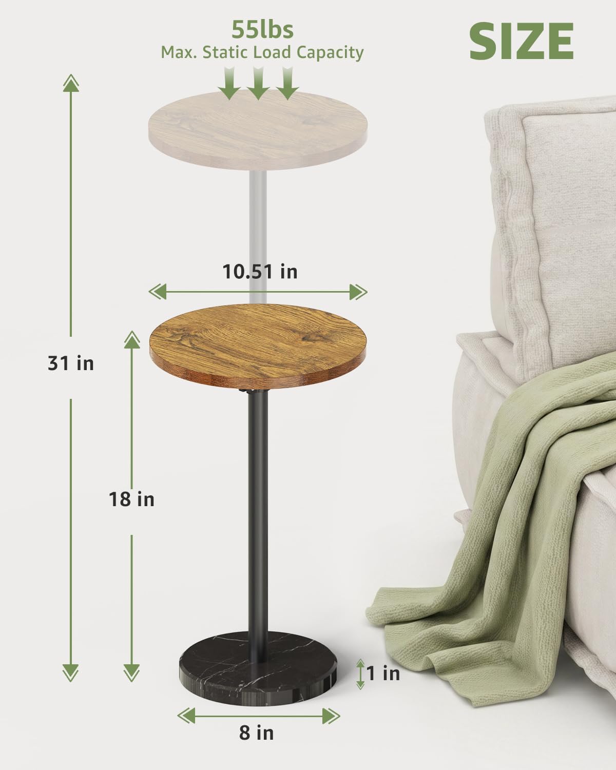 Adjustable Drink Table, Round Pedestal Side Table for Small Spaces | 9 lbs Marble Base, 18–31'' Height, Waterproof Coated, Brown & Black