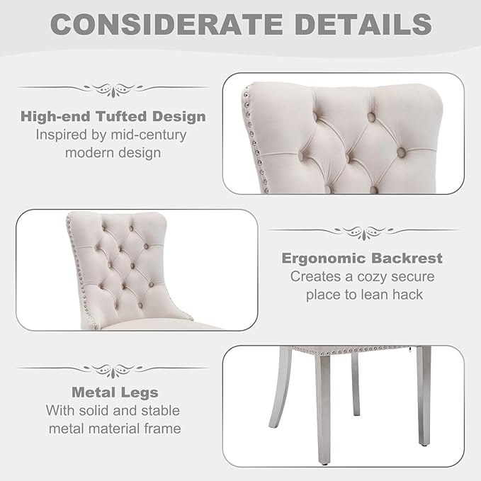 51 Inch Glass Dining Table Set for 4, Rectangular Glass Kitchen Table with 4 Upholstered Velvet Accent Chairs, 5 Piece Modern Dining Room Set, for Home, Apartment, Small Spaces - Beige Silver