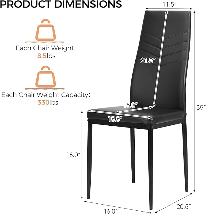 ERGOMASTER Dining Chairs Set of 4 Black PVC Dining Room Modern Soft Leather Padded Living Room Side Chairs with Sturdy Metal Legs & Non-Slip Feet Pads