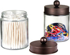 Amolliar 6Pc Apothecary Jars Bathroom Vanity Organizer- Rustic Farmhouse Decor Storage Canister with Stainless Steel Lids- Qtip Dispenser Holder for Q-Tips,Cotton Swabs,Rounds,Ball,Flossers (Bronze)