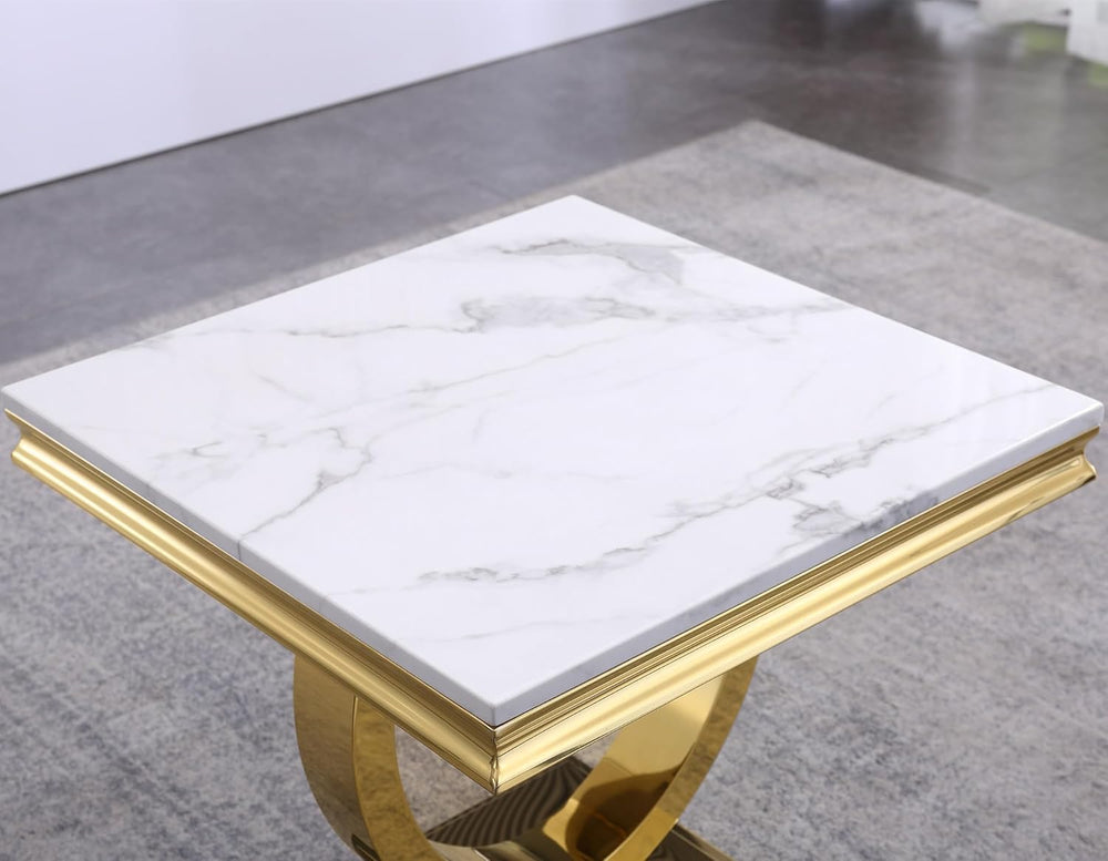 Modern Luxury Faux Marble End Table with Polished Gold Stainless Steel Base S...
