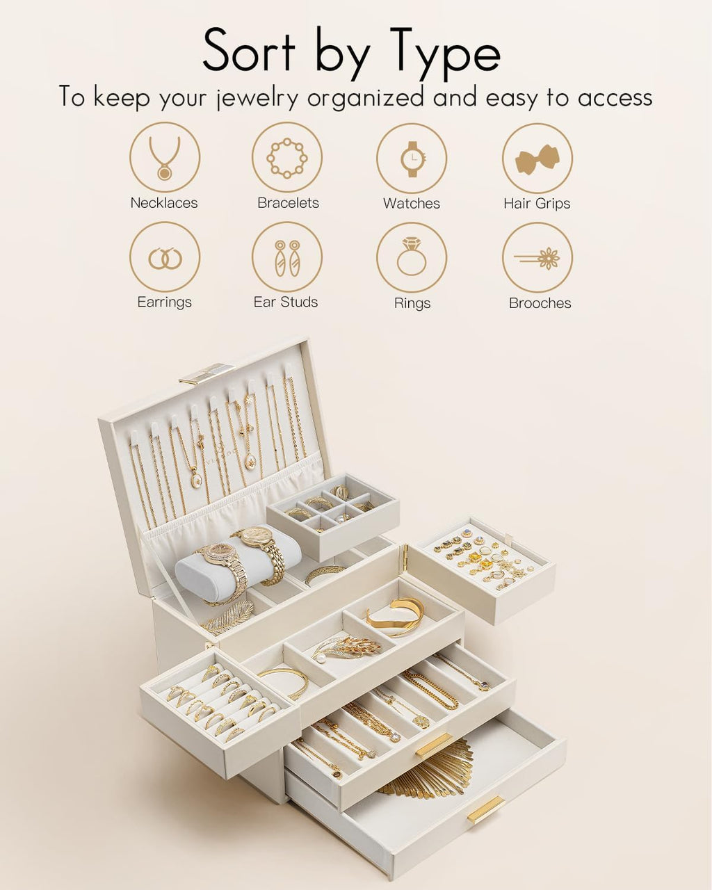 Vlando 4 Layers Jewelry Box - Women Jewelry Box with Retractable Tray - Jewelry Organizer with Drawer for Necklaces, Rings, Bracelets, Earrings, Gift for Couples Mom Girls - Could White