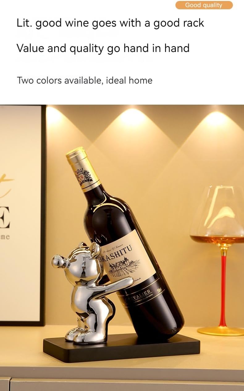 Decorative Wine Bottle Holder Stand, Gold and Silver Bear Figurines, 8.5 x 4 ...
